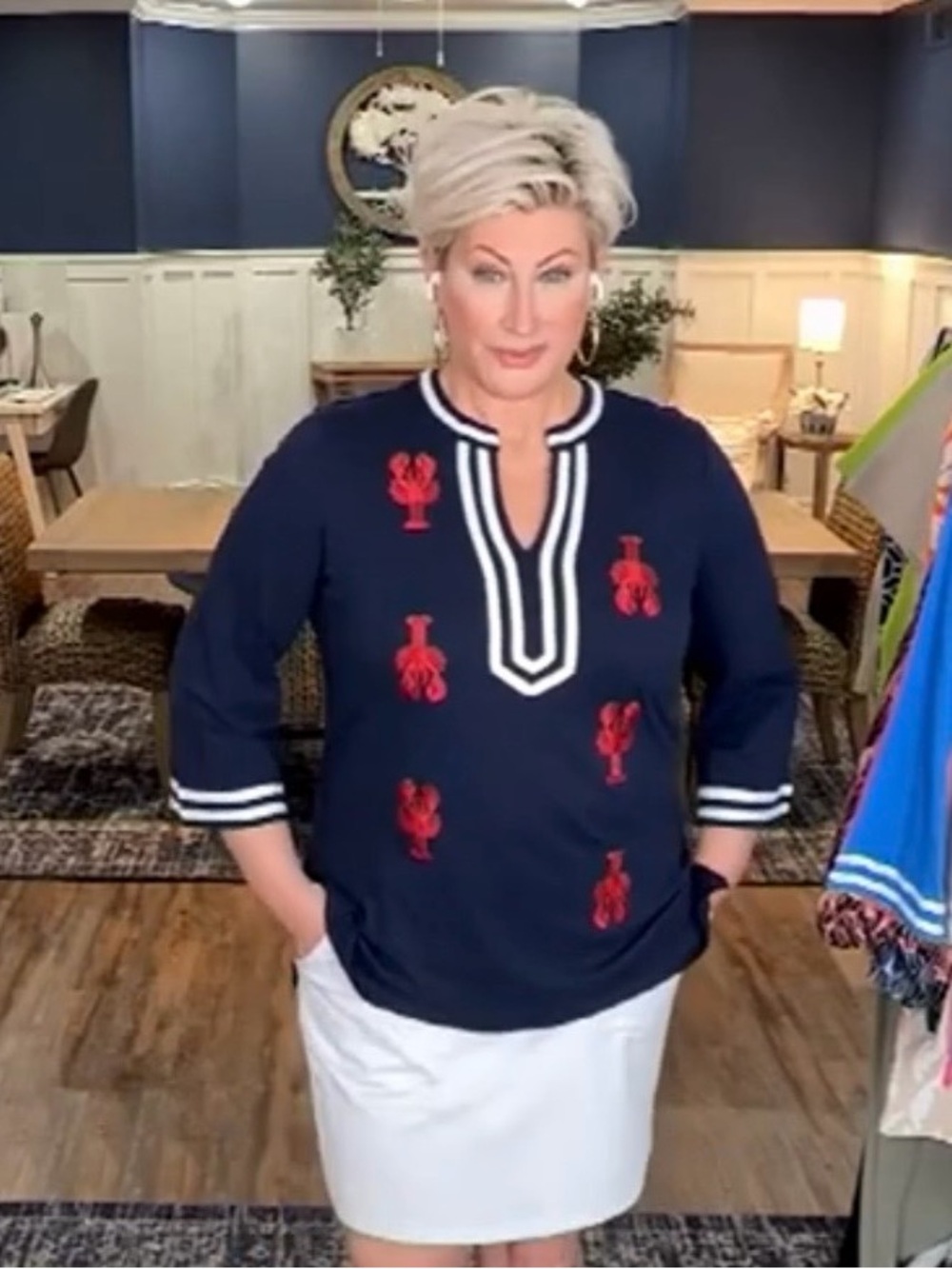 Like New Belle by Kim Gravel “Rock Lobster” Navy Tunic Size L